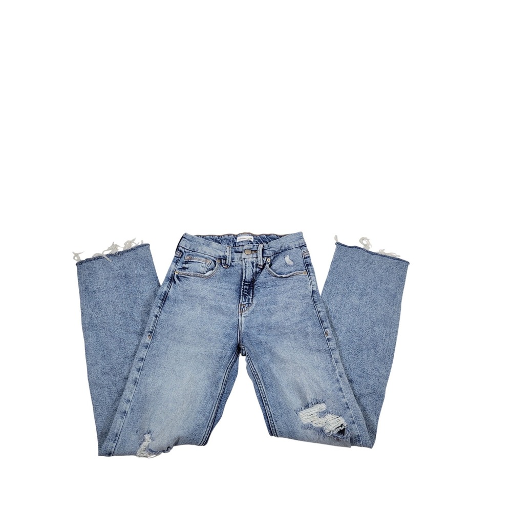 Good American Straight Jeans Womens 2/26 Blue Excellent‎ Distressed Raw Hem